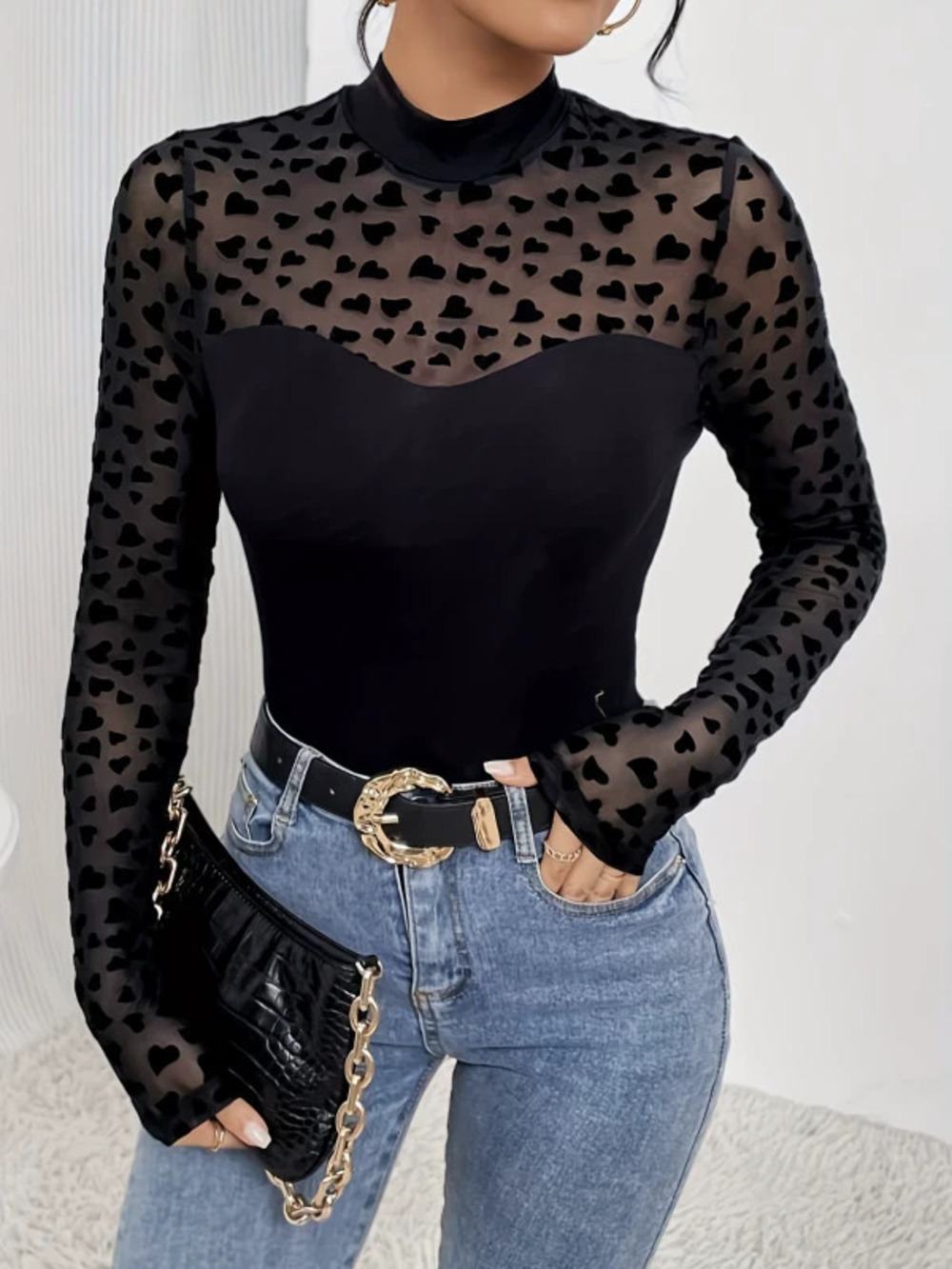 Autumn Mesh Spliced Long Sleeve Slim Fit Layering Top Women